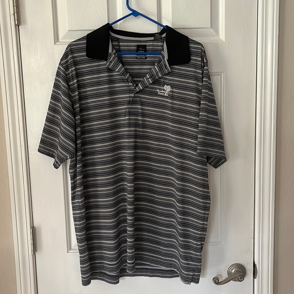 Men’s black/grey/white striped golf shirt - Picture 1 of 5